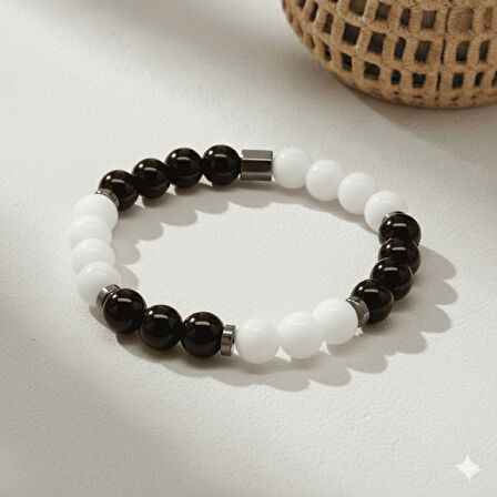 Küre Kesim Siyah Beyaz Jade Oniks Hematit Doğaltaş Erkek Taraftar Bileklik