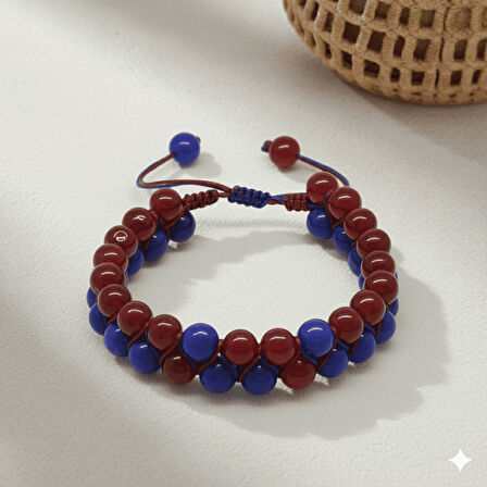 Çift Sıra Makrome Örgülü Küre Kesim Bordo Mavi Jade Doğaltaş Erkek Taraftar Bileklik