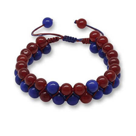 Çift Sıra Makrome Örgülü Küre Kesim Bordo Mavi Jade Doğaltaş Erkek Taraftar Bileklik