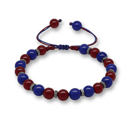 Makrome Örgülü Küre Kesim Bordo Mavi Jade Hematit Doğaltaş Erkek Taraftar Bileklik