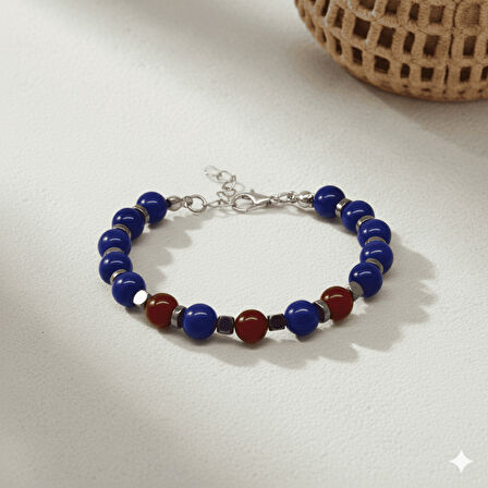 Gümüş Renk Kararmaz Metal Zincir Küre Kesim Bordo Mavi Jade Hematit Doğaltaş Erkek Taraftar Bileklik