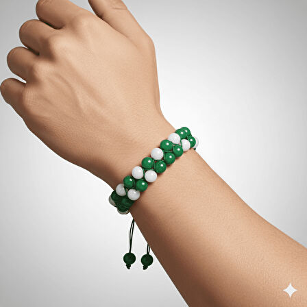 Çift Sıra Makrome Örgülü Küre Kesim Yeşil Beyaz Jade Doğaltaş Erkek Taraftar Bileklik