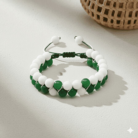 Çift Sıra Makrome Örgülü Küre Kesim Yeşil Beyaz Jade Doğaltaş Erkek Taraftar Bileklik