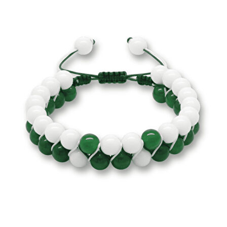 Çift Sıra Makrome Örgülü Küre Kesim Yeşil Beyaz Jade Doğaltaş Erkek Taraftar Bileklik