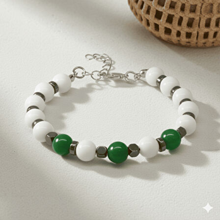 Gümüş Renk Metal Zincirli Küre Kesim Yeşil Beyaz Jade Hematit Doğaltaş Erkek Taraftar Bileklik