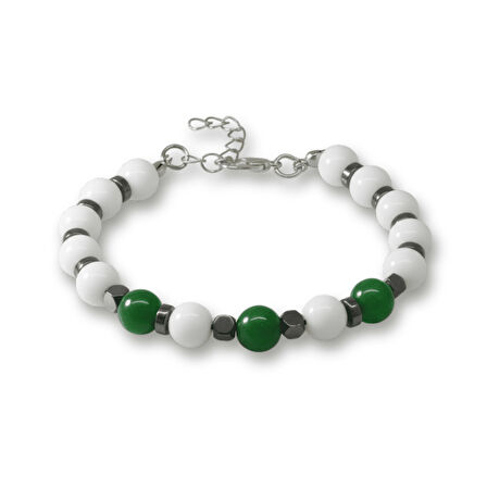 Gümüş Renk Metal Zincirli Küre Kesim Yeşil Beyaz Jade Hematit Doğaltaş Erkek Taraftar Bileklik