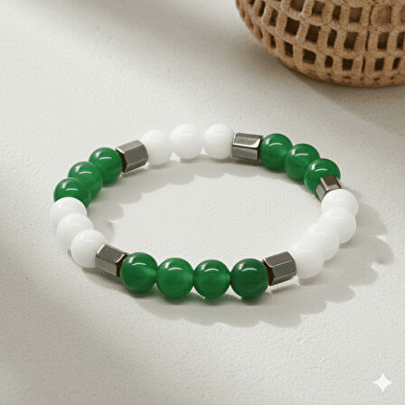 Küre Kesim Yeşil Beyaz Jade Hematit Doğaltaş Erkek Taraftar Bileklik