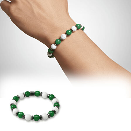 Küre Kesim Yeşil Beyaz Jade Hematit Doğaltaş Erkek Taraftar Bileklik M2