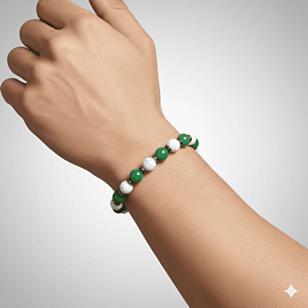 Küre Kesim Yeşil Beyaz Jade Hematit Doğaltaş Erkek Taraftar Bileklik M2