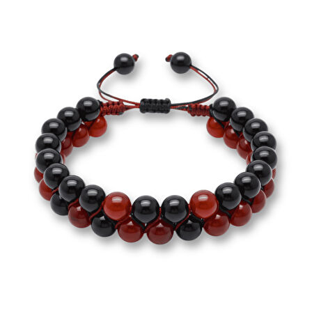 Çift Sıra Makrome Örgülü Küre Kesim Kırmızı Siyah Akik Oniks Doğaltaş Erkek Taraftar Bileklik