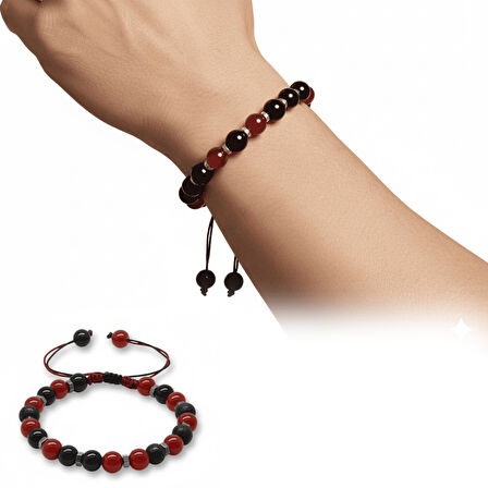 Makrome Örgülü Küre Kesim Kırmızı Siyah Akik Oniks Hematit Doğaltaş Erkek Taraftar Bileklik