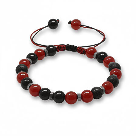 Makrome Örgülü Küre Kesim Kırmızı Siyah Akik Oniks Hematit Doğaltaş Erkek Taraftar Bileklik