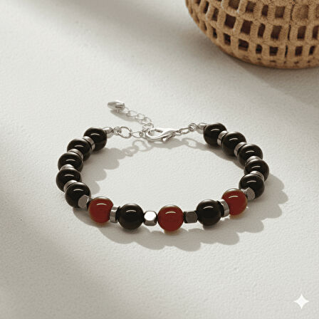 Gümüş Renk Metal Zincir Küre Kesim Kırmızı Siyah Akik Oniks Hematit Doğaltaş Erkek Taraftar Bileklik