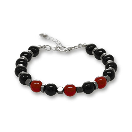 Gümüş Renk Metal Zincir Küre Kesim Kırmızı Siyah Akik Oniks Hematit Doğaltaş Erkek Taraftar Bileklik
