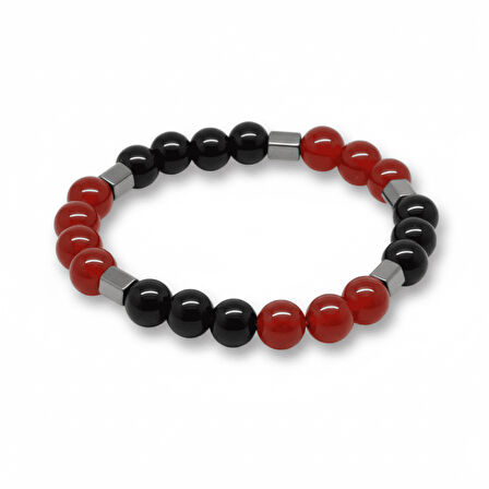 Küre Kesim Kırmızı Siyah Akik Oniks Hematit Doğaltaş Erkek Taraftar Bileklik