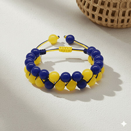 Çift Sıra Makrome Örgülü Küre Kesim Sarı Lacivert Jade Doğaltaş Kadın Taraftar Bileklik