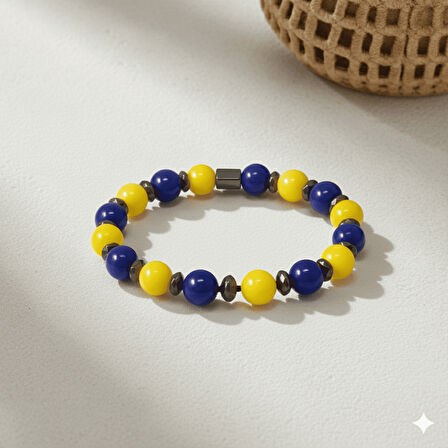 Küre Kesim Sarı Lacivert Jade Hematit Doğaltaş Kadın Taraftar Bileklik M2