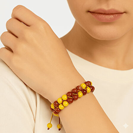 Çift Sıra Makrome Örgülü Küre Kesim Sarı Kırmızı Jade Akik Hematit Doğaltaş Kadın Taraftar Bileklik