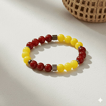 Küre Kesim Sarı Kırmızı Jade Akik Hematit Doğaltaş Kadın Taraftar Bileklik