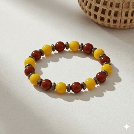 Küre Kesim Sarı Kırmızı Jade Akik Hematit Doğaltaş Kadın Taraftar Bileklik M2