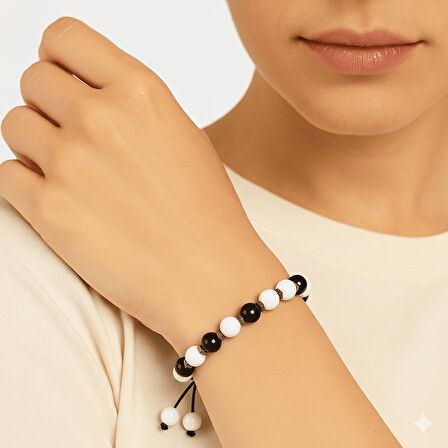 Makrome Örgülü Küre Kesim Siyah Beyaz Jade Oniks Hematit Doğaltaş Kadın Taraftar Bileklik