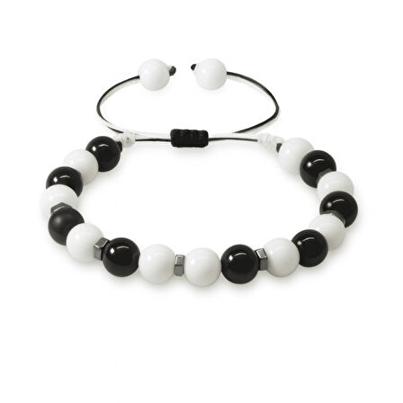 Makrome Örgülü Küre Kesim Siyah Beyaz Jade Oniks Hematit Doğaltaş Kadın Taraftar Bileklik