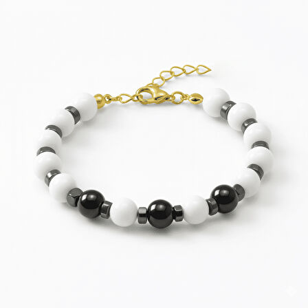 Gold Renk Metal Zincirli Küre Kesim Siyah Beyaz Jade Oniks Hematit Doğaltaş Kadın Taraftar Bileklik