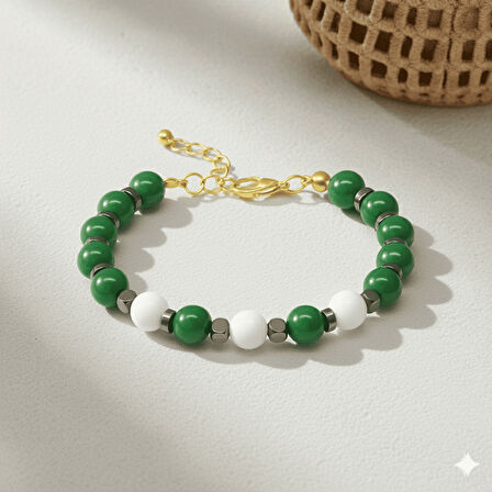 Gold Renk Kararmaz Metal Zincir Küre Kesim Yeşil Beyaz Jade Hematit Doğaltaş Kadın Taraftar Bileklik