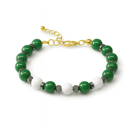 Gold Renk Kararmaz Metal Zincir Küre Kesim Yeşil Beyaz Jade Hematit Doğaltaş Kadın Taraftar Bileklik