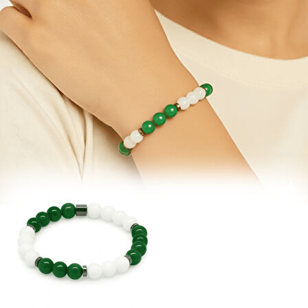 Küre Kesim Yeşil Beyaz Jade Doğaltaş Kadın Taraftar Bileklik