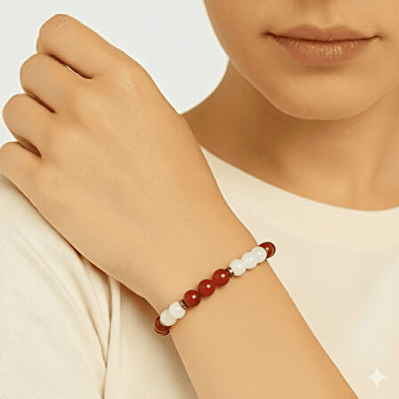 Küre Kesim Kırmızı Beyaz Jade Akik Hematit Doğaltaş Kadın Taraftar Bileklik