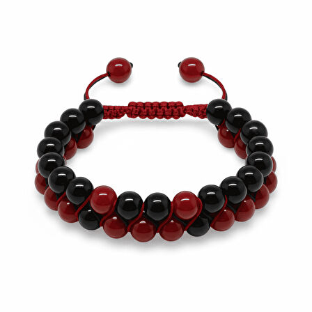 Çift Sıra Makrome Örgülü Küre Kesim Kırmızı Siyah Akik Oniks Doğaltaş Kadın Taraftar Bileklik