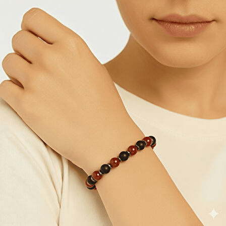 Küre Kesim Kırmızı Siyah Akik Oniks Hematit Doğaltaş Kadın Taraftar Bileklik M2