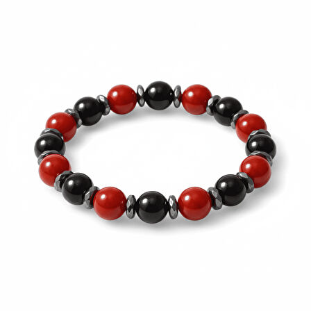 Küre Kesim Kırmızı Siyah Akik Oniks Hematit Doğaltaş Kadın Taraftar Bileklik M2