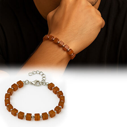 Gümüş Renk Metal Zincirli Dorika Top Süsleme Küp Kesim Bal Rengi Doğal Damla Kehribar Erkek Bileklik