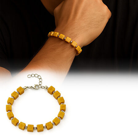 Gümüş Renk Metal Zincir Dorika Süslemeli Küp Kesim Hardal Rengi Doğal Damla Kehribar Erkek Bileklik