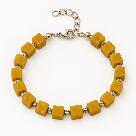 Gümüş Renk Metal Zincir Dorika Süslemeli Küp Kesim Hardal Rengi Doğal Damla Kehribar Erkek Bileklik