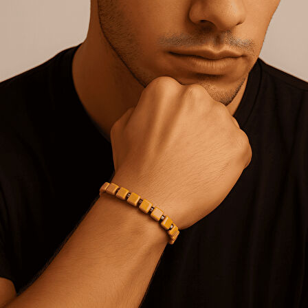 Hematit Doğaltaş Kombinli Küp Kesim Hardal Rengi Doğal Damla Kehribar Erkek Bileklik