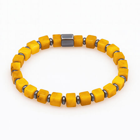 Hematit Doğaltaş Kombinli Küp Kesim Hardal Rengi Doğal Damla Kehribar Kadın Bileklik