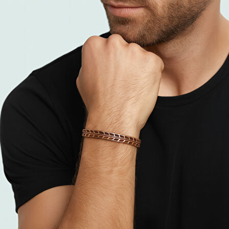 Erkek Bakır Bileklik - Buğday Desenli - Esnek Yapılı