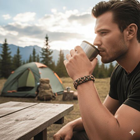 Pusulalı Çakmaklı Taktik Paracord Bileklik - Avcı Kamuflaj Desen - Kamp ve Doğa Sporları İçin