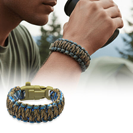 Pusulalı Çakmaklı Taktik Paracord Bileklik - Toprak Mavi Kamuflaj Desen - Kamp ve Doğa Sporları İçin