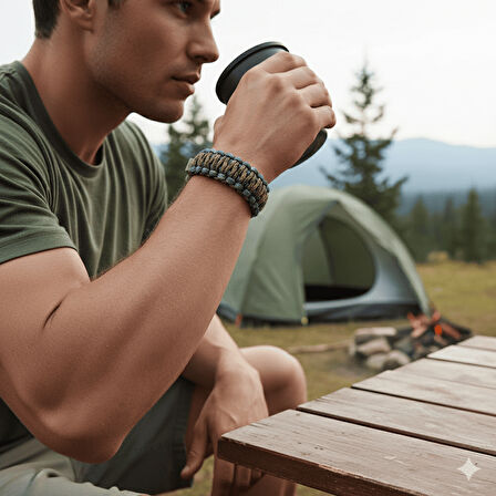 Pusulalı Çakmaklı Taktik Paracord Bileklik - Toprak Mavi Kamuflaj Desen - Kamp ve Doğa Sporları İçin