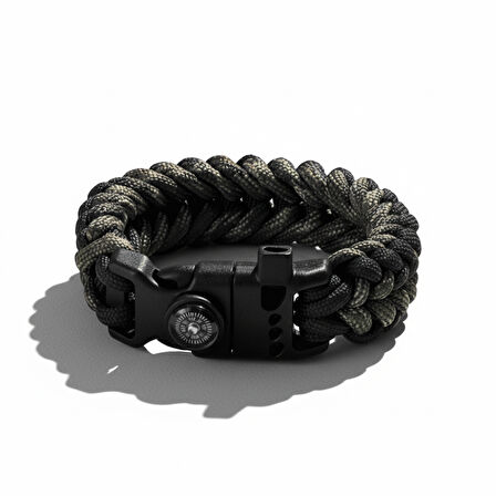 Pusulalı Çakmaklı Taktik Paracord Bileklik - Gece Kamuflaj Desen - Kamp ve Doğa Sporları İçin