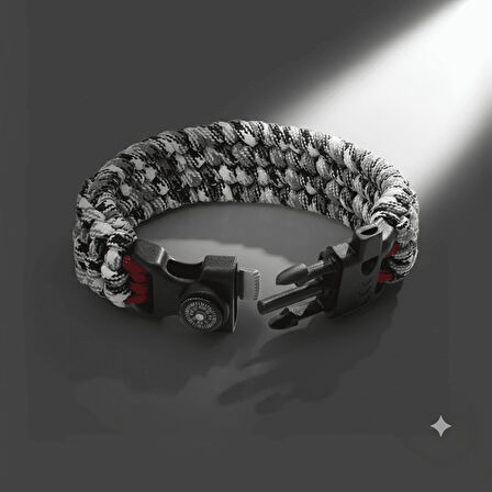 Pusulalı Çakmaklı Taktik Paracord Bileklik - Monokrom Kamuflaj Desen - Kamp ve Doğa Sporları İçin
