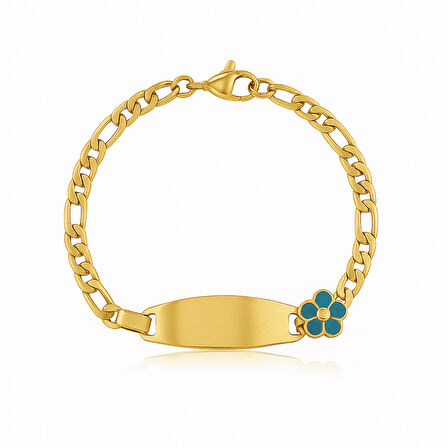 Çocuk Çelik Bileklik - İsme Özel Yazılı - Altın Renk - Turkuaz Papatya Detaylı - Figaro Zincirli