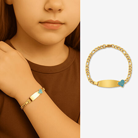 Çocuk Çelik Bileklik - İsme Özel Yazılı - Altın Renk - Turkuaz Kalp Detaylı - Figaro Zincirli