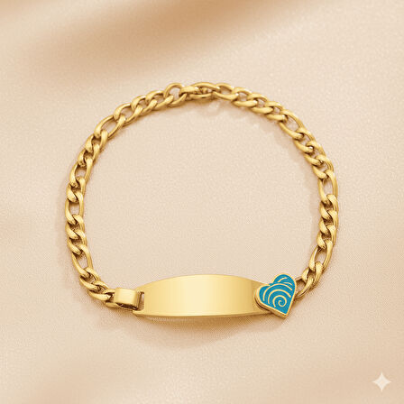 Çocuk Çelik Bileklik - İsme Özel Yazılı - Altın Renk - Turkuaz Kalp Detaylı - Figaro Zincirli