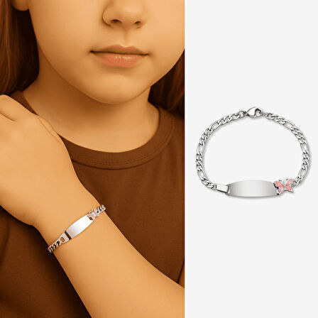 Çocuk Çelik Bileklik - İsme Özel Yazılı - Gümüş Renk - Pembe Kelebek Figürlü - Figaro Zincirli