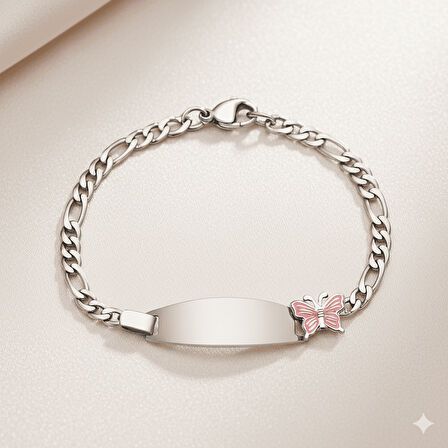 Çocuk Çelik Bileklik - İsme Özel Yazılı - Gümüş Renk - Pembe Kelebek Figürlü - Figaro Zincirli